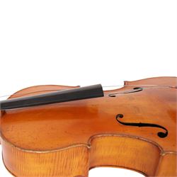 19th century cello, with two piece back and ebonised finger board, contained within a hardcase, cello back length 75cm