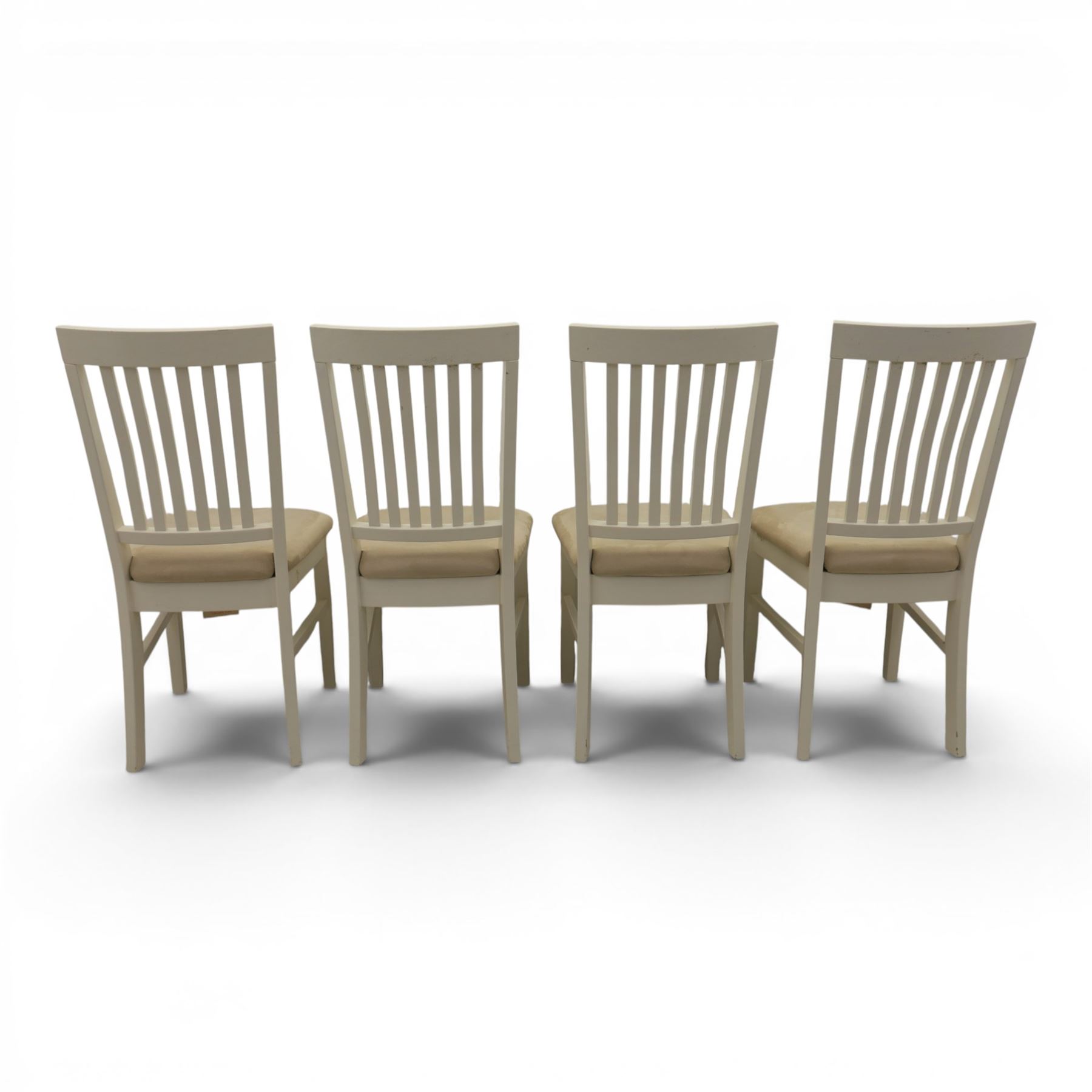 Contemporary Oak fold-over leaf dining table and four chairs, square top extending to a rectangular top 200cm, four white dining chairs with upholstered and padded seats