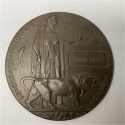 WW1 bronze memorial plaque named to James Miles; with Princess Mary Christmas 1914 brass tin (2)