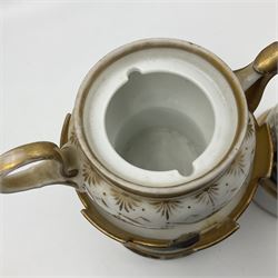 Two 19th century continental teapots and warmers, each teapot upon a cylindrical warming base, hand printed with seascapes, largest H22cm 