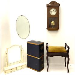 Oak wall clock, piano stool, suitcase, frameless mirror and painted mirror (5)
