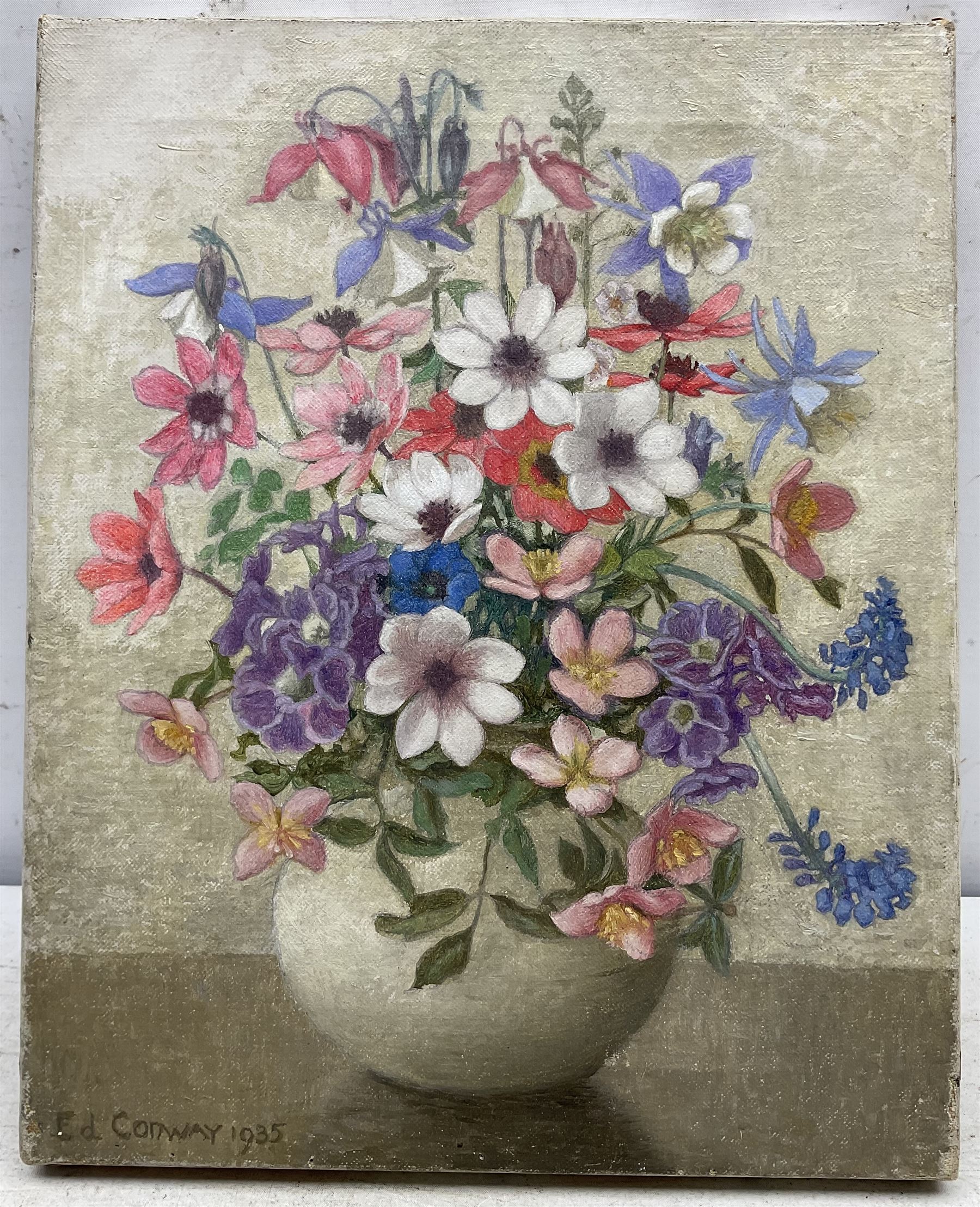 Harold Edward Conway (Staithes Group 1872-1949): Still Life of Summer Flowers, oil on canvas signed and dated 1935, 32cm x 25.5cm (unframed)