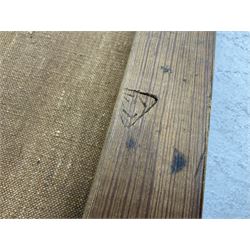 WW1 British casualty stretcher with iron mounted pitch pine sides and canvas base; stamped 'HL1917' and L7 with broad arrow in a triangle L236cm ( reputedly recovered from a barn at Bapaume on The Somme)