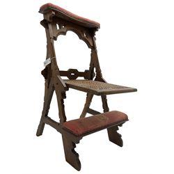 Late Victorian oak metamorphic prie-dieu chair, ecclesiastical design with pegged construction, upholstered kneel rest and top rest, hinged cane work seat