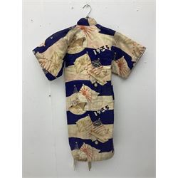 1930s Japanese fully lined kimono decorated with Japanese naval vessels and bi-planes, Japanese, American and British flags and dated 1935; looks to be child's size
