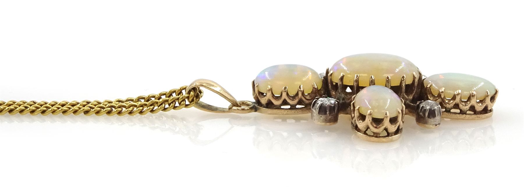 Early 20th century 9ct gold opal and rose cut diamond cross pendant, on later 21ct gold chain necklace