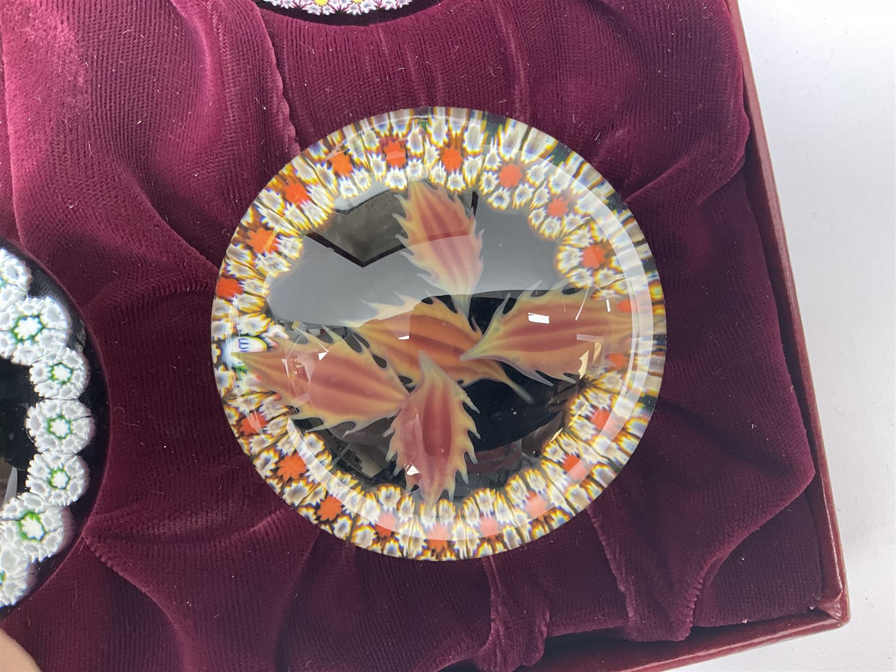 Set of four Caithness paperweights titled Four Seasons, in presentation box with certificate, designed by Colin Terris and made by William Mason, each internally decorated with a seasonal flower within a millefiori cane work garland, numbered 128 of 500