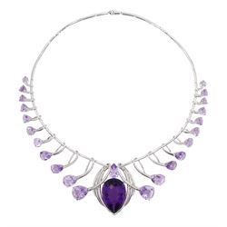 18ct white gold amethyst and diamond suite, comprising necklace, pair of pendant stud earrings and bracelet and ring, each with pear cut amethysts and round brilliant cut diamonds, stamped 750 