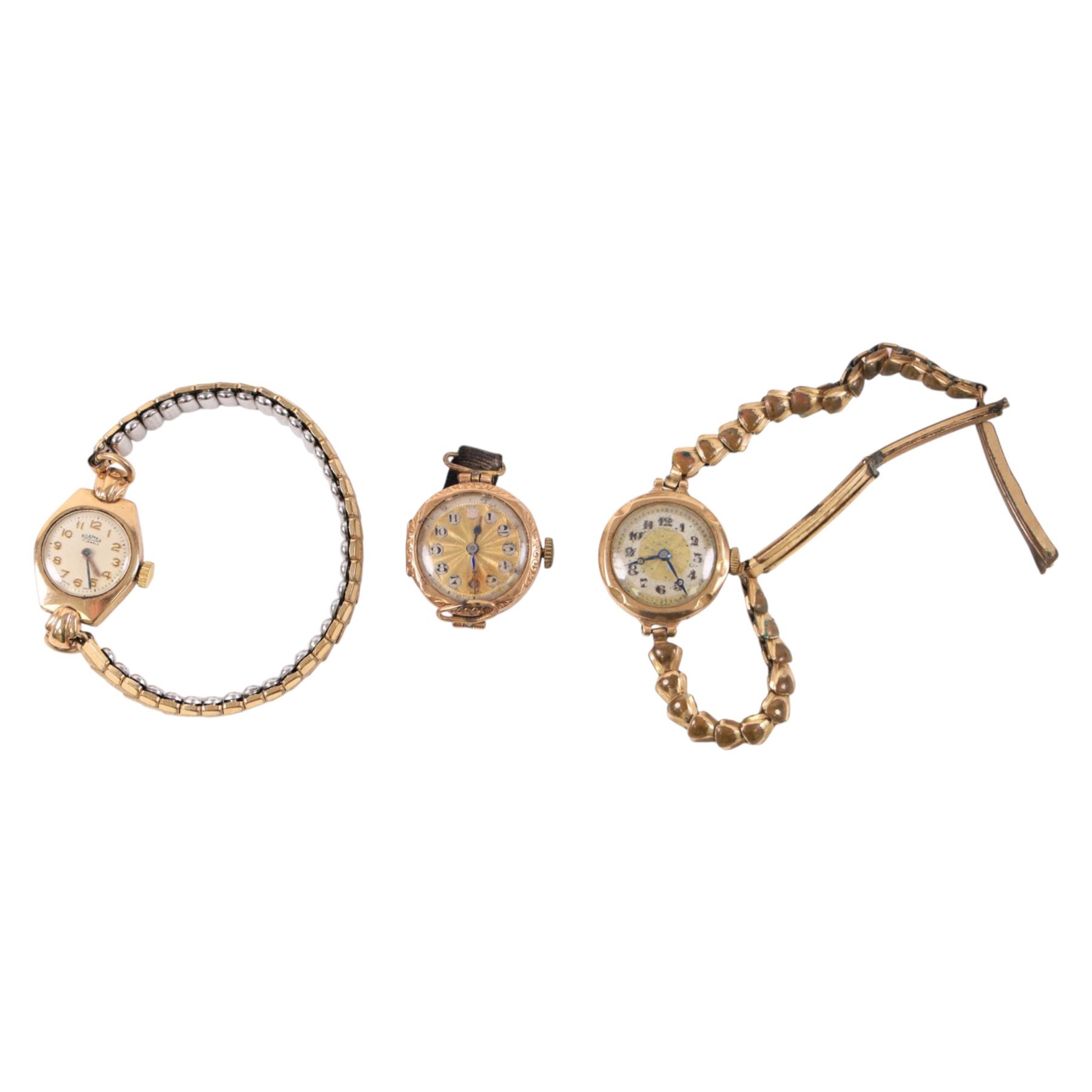 Four 9ct gold manual wind wristwatches, three on gold-plated bracelet straps