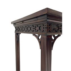 In the manner of Thomas Chippendale - early 19th century mahogany serving table, rectangular crossbanded top with boxwood stringing, the frieze with upper moulding over applied geometric fretwork, the left-hand side fitted with slide, on fluted square supports with inner chamfer 