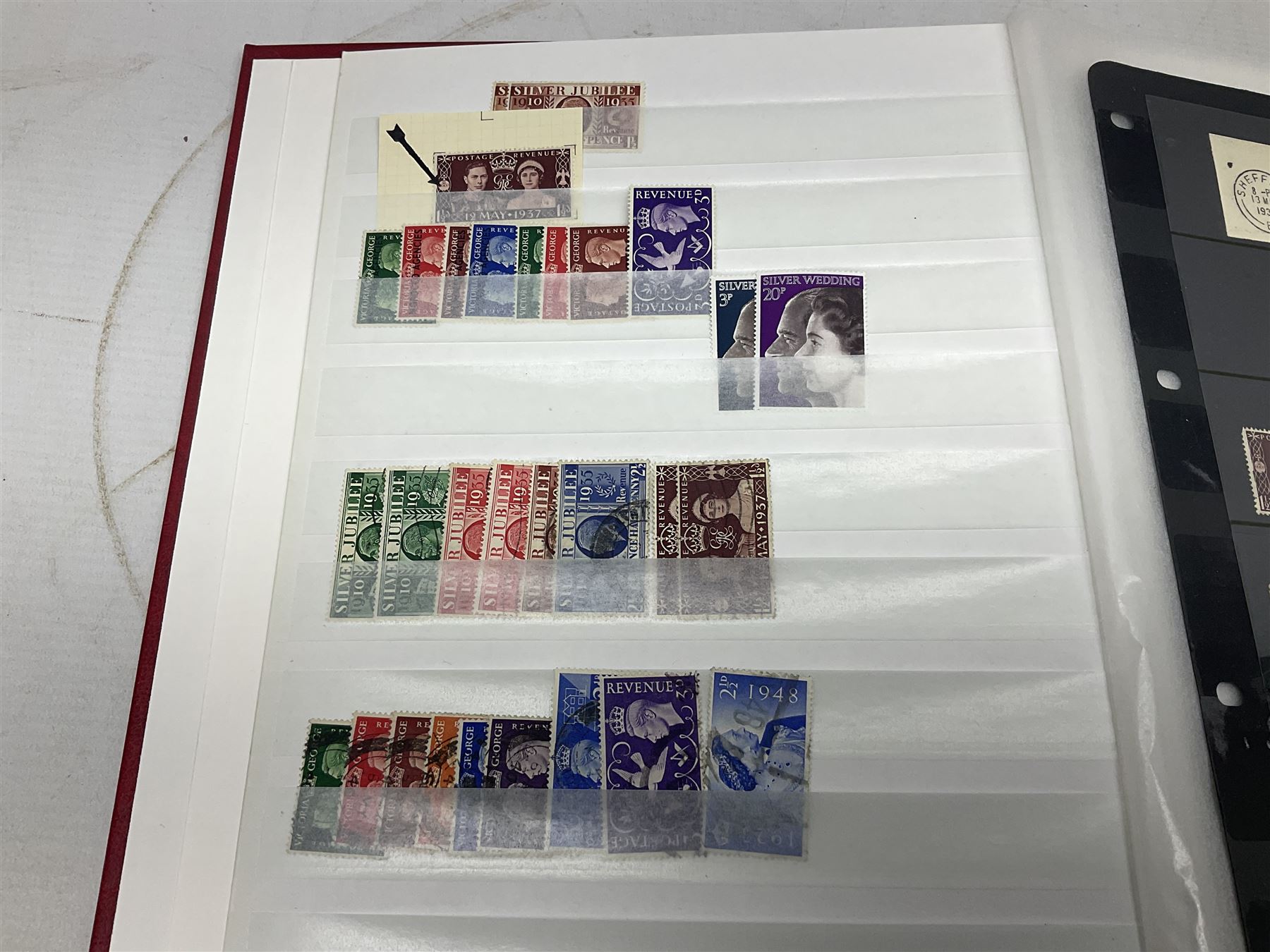 King George V Silver Jubilee stamps 1910-1935 including Bermuda marginal mint block of four, Virgin Islands marginal mint blocks of four including variations/errors, other similar blocks of four etc, various Royal Silver Wedding 1948 stamps, King George VI Victory 8th June 1946, Queen Elizabeth II Coronation etc, housed in a stockbook