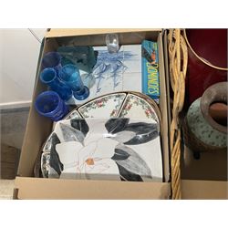 Delft tile shipping scene, lacquered tray painted with flowers, painted planter, carpet beater, West German jug, Canada goose paperweight etc, contents in two boxes