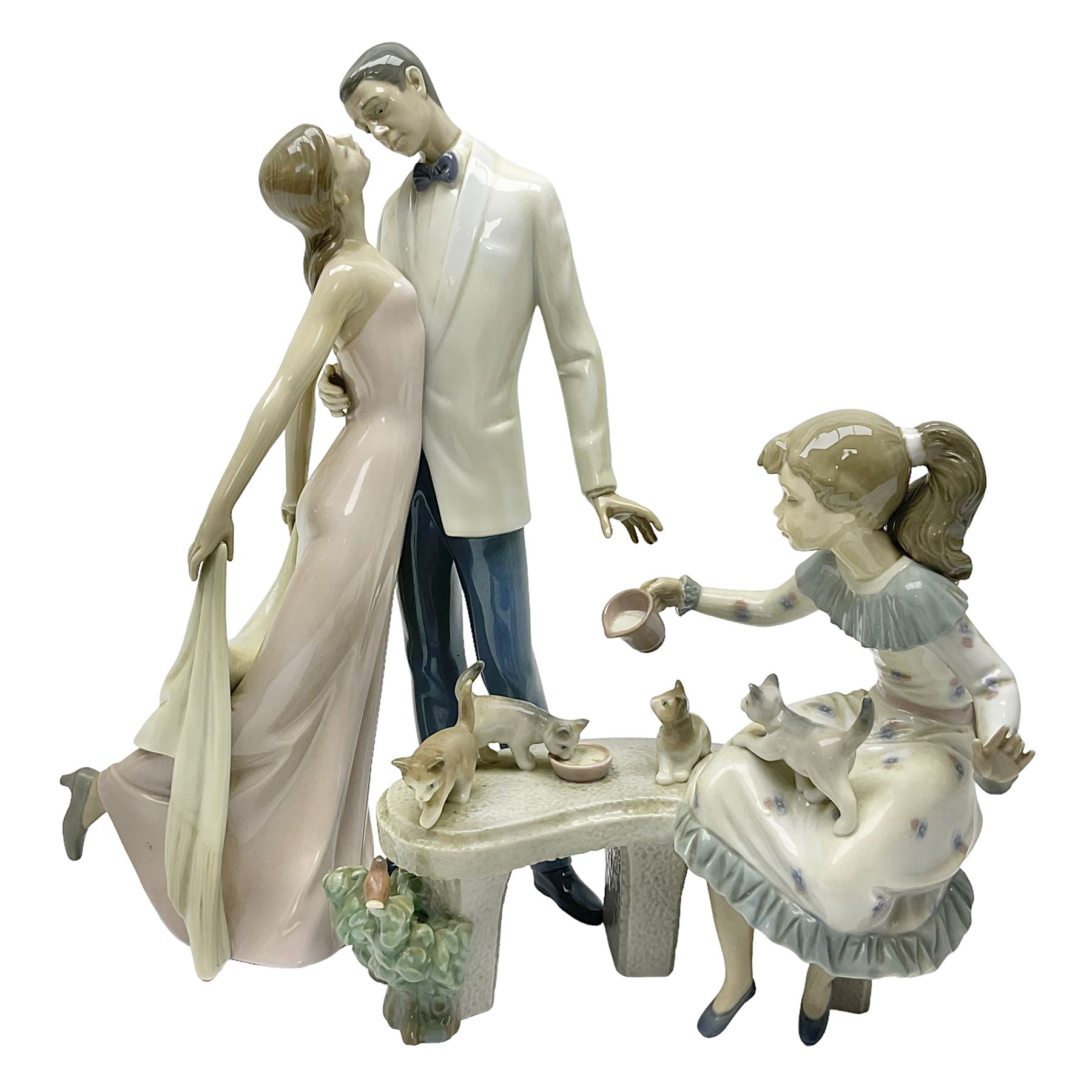 Two Lladro figure groups, Happy Anniversary no 6475 and Meal Time no 6109, largest H32cm