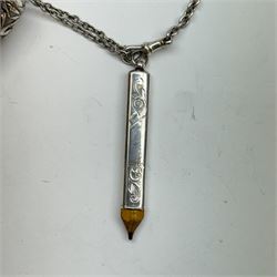 Victorian and later silver chatelaine, the shaped and foliate pierced clasp with embossed oval panel of a courting couple, hallmarked Levi & Salaman, Birmingham 1899, supporting six accessories on five chains: a circular mirror embossed with putti, hallmarked Henry Matthews, Birmingham 1911, pencil holder engraved with foliate scrolls, hallmarked Francis Webb, Birmingham 1914, conical scent bottle decorated with bamboo, (unmarked but testing as silver), aide memoire embossed with putti, hallmarked Samuel M Levi, Birmingham 1911, tape measure of compressed spherical form, hallmarked Henry Matthews, Birmingham 1899, and a purse with embossed putti, hallmarked Birmingham 1909, makers mark worn and indistinct, at longest point L31cm

