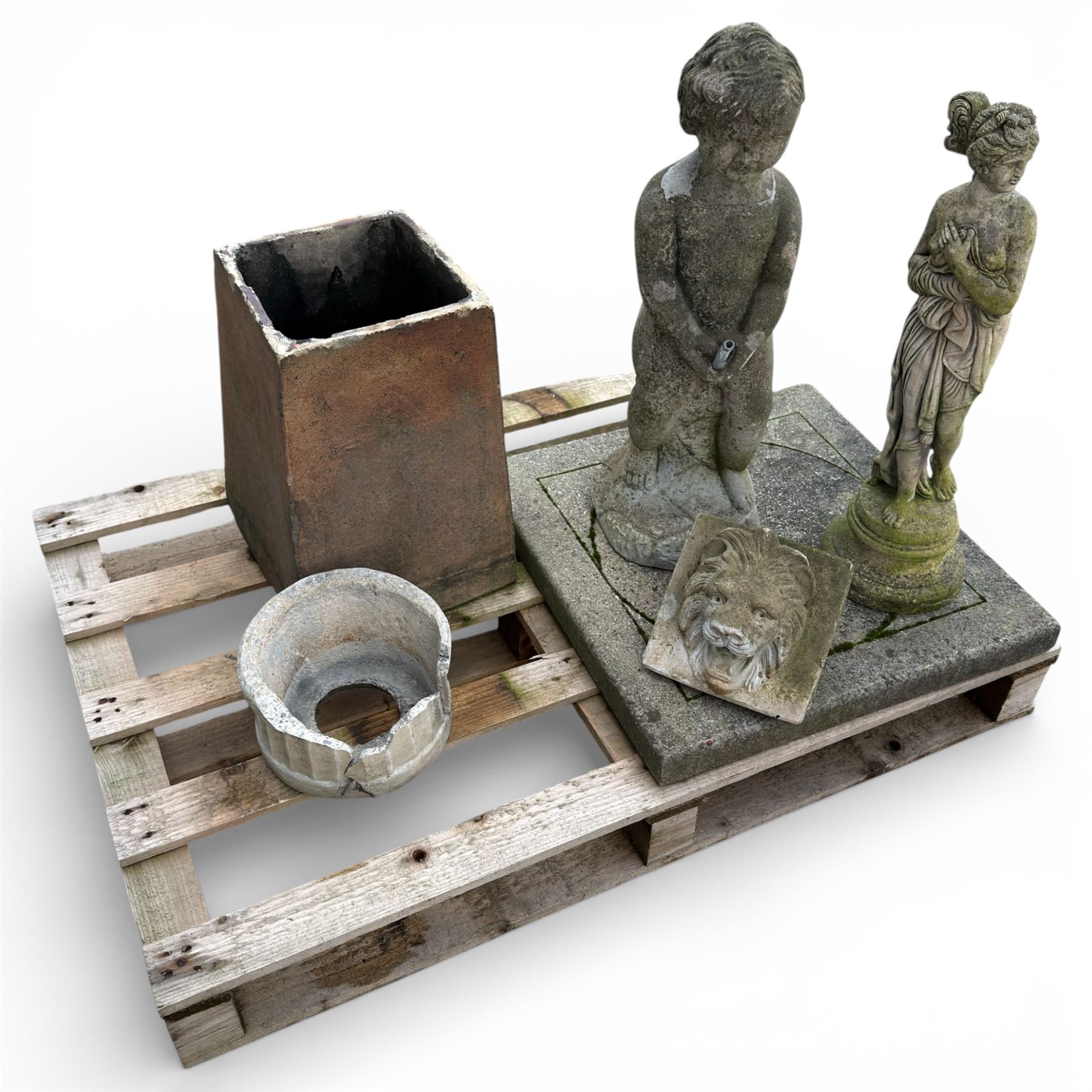 Small cast stone female figure with two fountains and other items