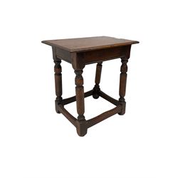 Oak coffin or joint stool, rectangular top with shaped edge over splayed turned supports with stretcher base 