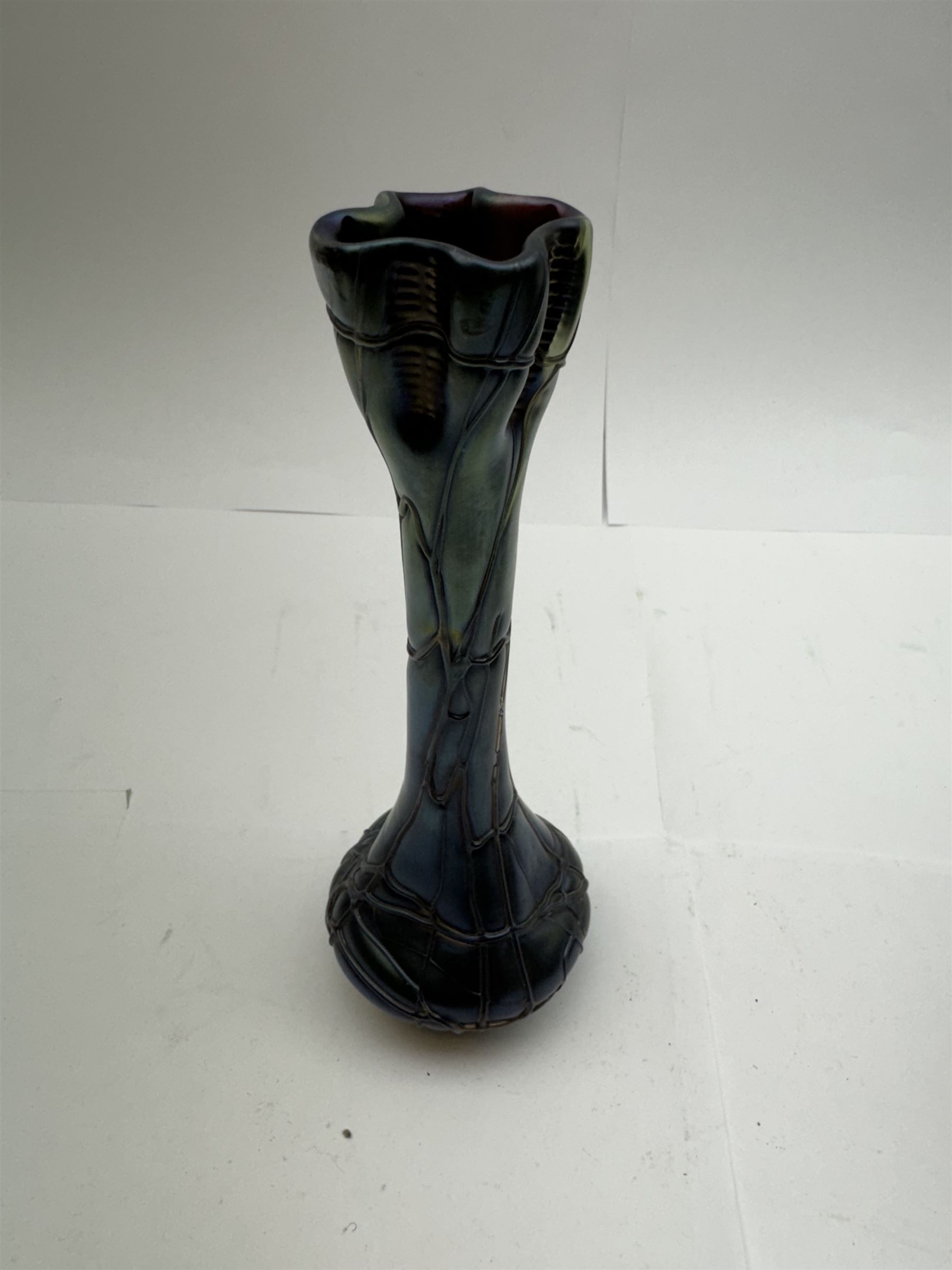 Five Austrian Art Nouveau glass vases, to include Pallme-Konig example with split fluted rim, two similar Kralik examples with threaded vein decoration and two others, tallest H21.5cm