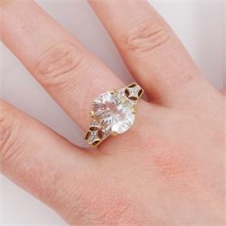 9ct gold single stone quartz ring, with diamond chip openwork shoulders, hallmarked