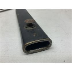 British No 7 MKI knife bayonet with 20cm single edged fullered clipped point blade;  blackened steel, large muzzle ring cross-guard; blackened swivelling pommel marked 'F5H'; red Tufnol composite grips; in blackened steel scabbard L33cm overall; British Pattern 1888 bayonet with scabbard; and German Ersatz bayonet with scabbard (3)