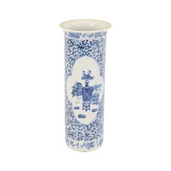 Chinese blue and white cylinder vase, the central panel decorated with vases and domestic ...