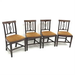 Set of four George III mahogany dining chairs, crest rail inlaid with satinwood stringing, square tapering moulded front legs, W51cm
