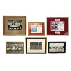 Limited edition First Day Cover 1987 for Sunderland's 50th Anniversary of Winning the F.A. Cup; signed by Raich Carter and Bobby Gurney No.1sp/500; limited edition First Day Cover 1993 to celebrate Raich Carter's 80th Birthday No.1aSp/100; photograph of the RAF XI v Scotland team including Carter and Stanley Matthews; photograph of Carter scoring against Preston N.E. in 1937; photograph of the Hull City squad on tour to Tel Aviv 1949; and photographic print entitled 'North v South Trial Match Bournemouth 2-4-27 Northern Boys' with manuscript note verso by Carter identifying which is him; all framed; Provenance: By direct descent from the family of Raich Carter having been consigned by his daughter Jane Carter (6)