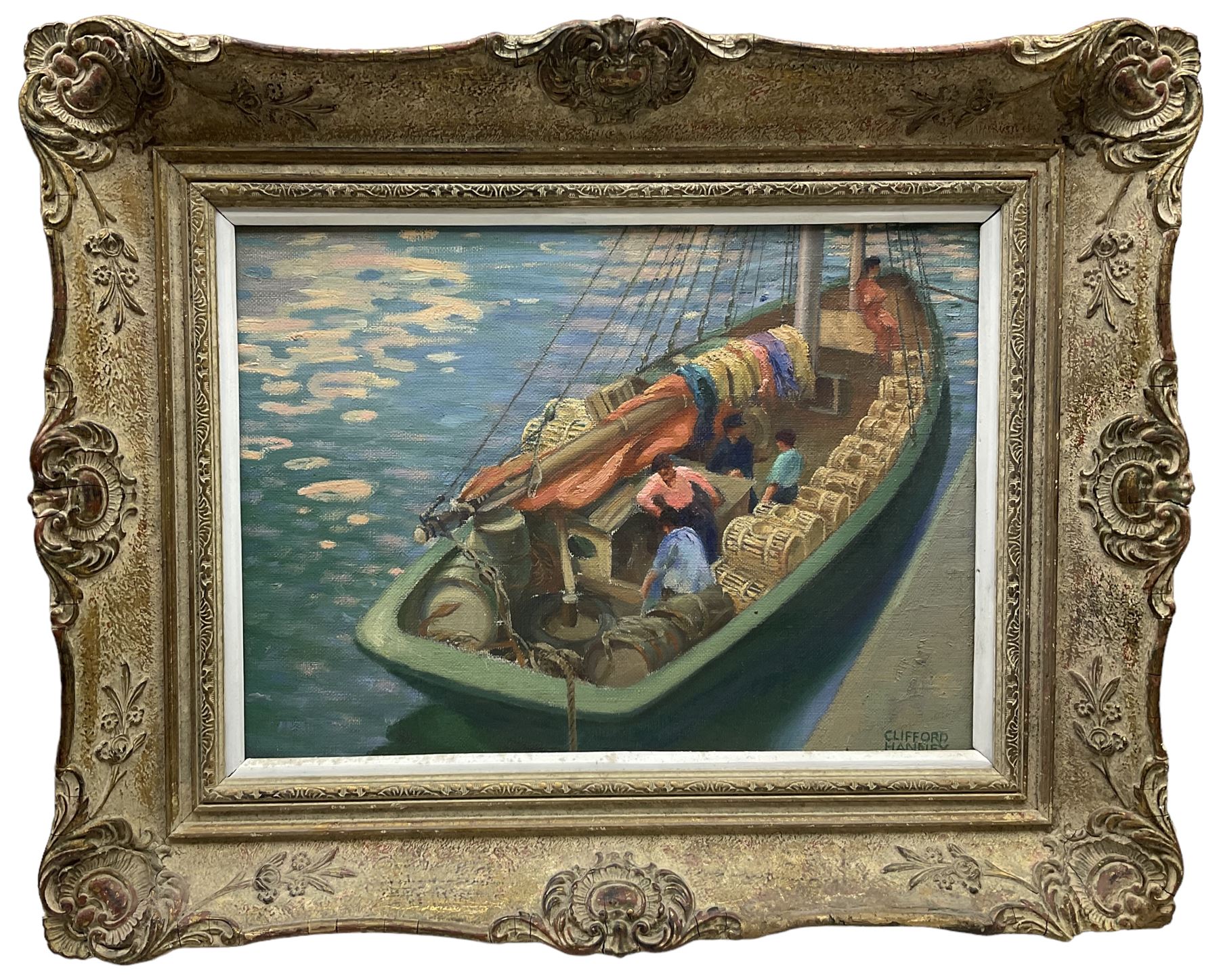 Clifford Hanney (British 1890-1990): Mediterranean Boat at the Quayside, oil on canvas board signed 27cm x 38cm