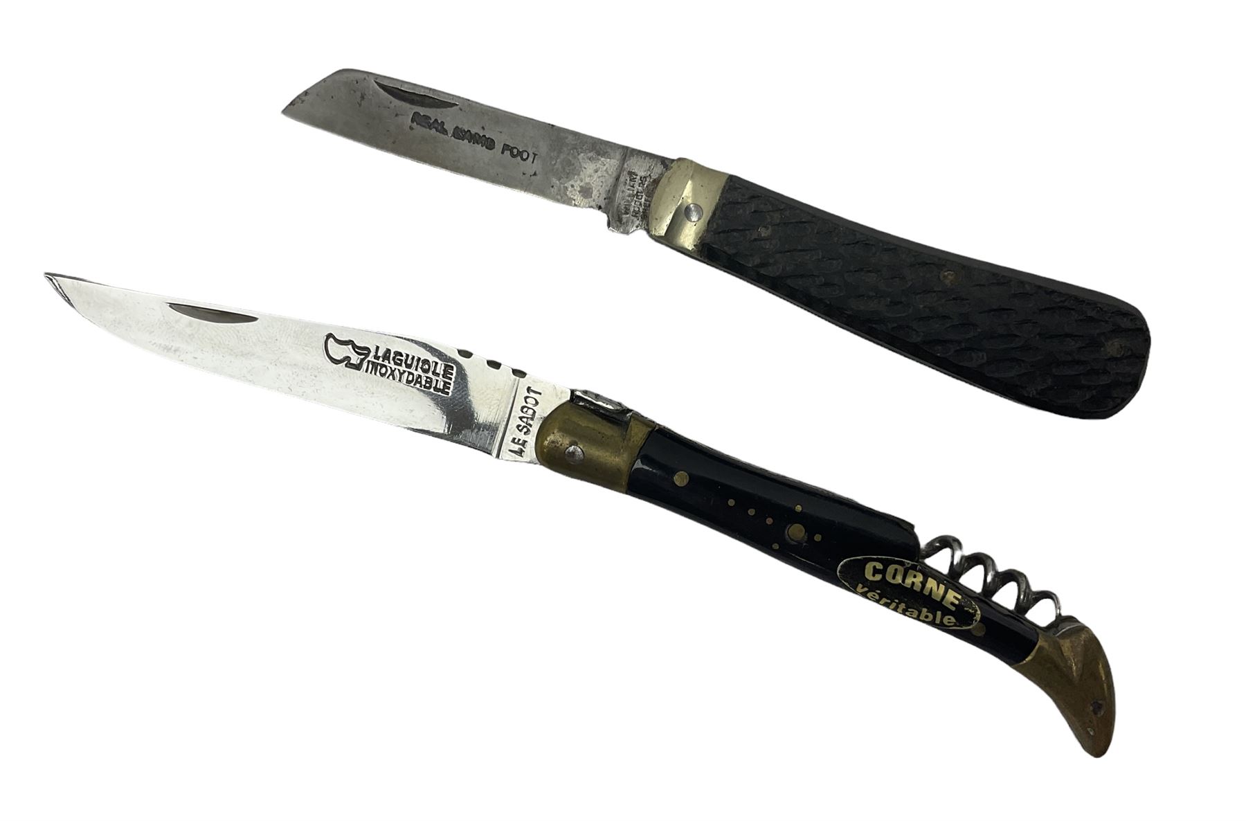 Laguiole pocket knife, with brass mounts and Bee mouche, L19.5cm open, together with a further William Rodgers Sheffield knife