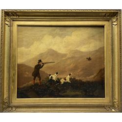 Attrib. Charles Henry Schwanfelder (British 1774-1837): Shooting on the Fells in the Lake District with Gun Dogs, pair oils on canvas unsigned 49cm x 59cm (2)
Provenance: from The Manor House, Marton-le-Moor, near Ripon, North Yorkshire - home A W Maynard Esq., celebrated breeder of shorthorn cattle, who lived here in the mid 19th century. The figure is reputedly one of the Maynard family.
Notes: Schwanfelder lived in Leeds and was patronised by George Lane-Fox (1793-1848) of Bramham Park, only 20 miles from Marton-le-Moor