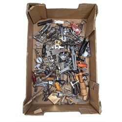 Collection of cork screws, bottle openers and bottle pourers, including turned wooden examples