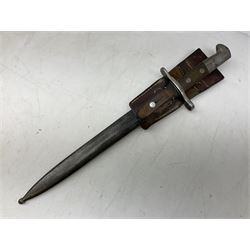 Schmidt-Rubin Model 1918 bayonet, the 30cm steel blade marked Elsener Schwyz, cross-piece numbered 813558; in steel scabbard with leather frog stamped E. Banga Sattler Selzac 67 L45.5cm overall; and Swiss Model 1957 SIG rifle bayonet by Wenger; in plastic scabbard with leather frog stamped E. Walty Sattlerei Baretswil 84 (2)