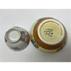 20th century Clarice Cliff Bizarre Crocus pattern bowl, printed marks beneath, D13cm, Staffordshire figure group, and a small tea bowl