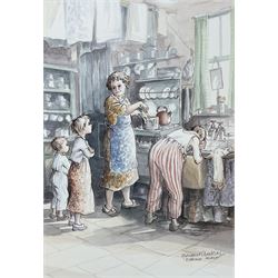 After Margaret Clarkson (British 1941-): 'Wash With Mother' 'Porridge Again' and 'Shoe Shine Boy', three limited edition colour prints signed and numbered together with two more framed prints after the artist each comprising of five limited edition signed colour prints max 28cm x 38cm (5)