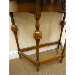  20th century oak D shaped side table with single drawer, on turned supports, W77cm, H81cm,   