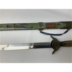 Three reproduction swords - Japanese katana and saya; Tai Chi sword with ornate scabbard; and dress sword with fullered triangular blade and horn handle (3)