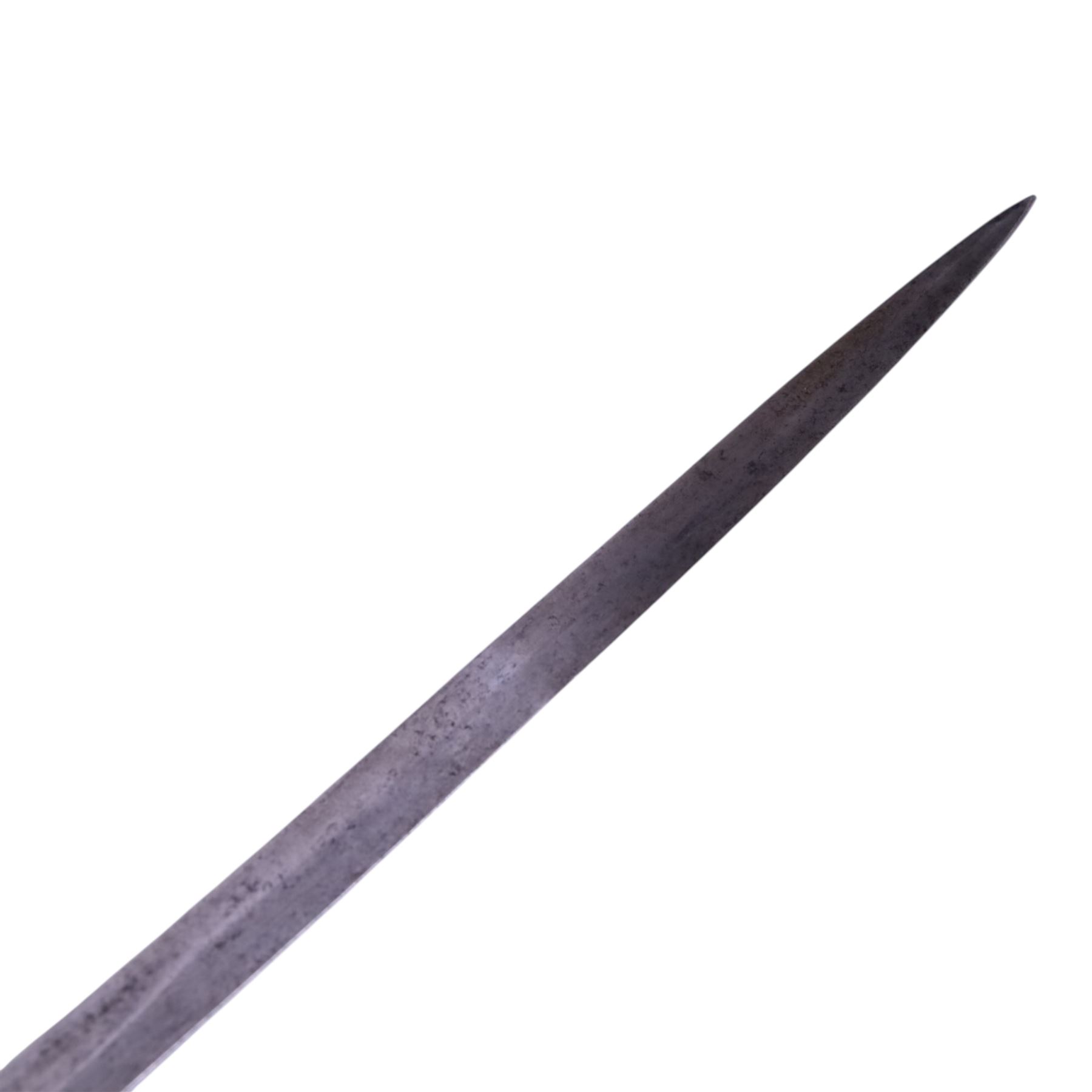 WWI Prussian Artillery Officer's dress sword, with 83cm single edge fullered steel blade, brass stirrup hilt, the langet with crossed cannon barrels and a vacant shield cartouche, the curved knuckle bow cast with acorns and oak leaves, wire bound grip and lion head pommel, with steel scabbard, overall L100cm