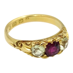 Victorian 18ct gold three stone cushion cut ruby and round chrysoberyl ring, hallmarked