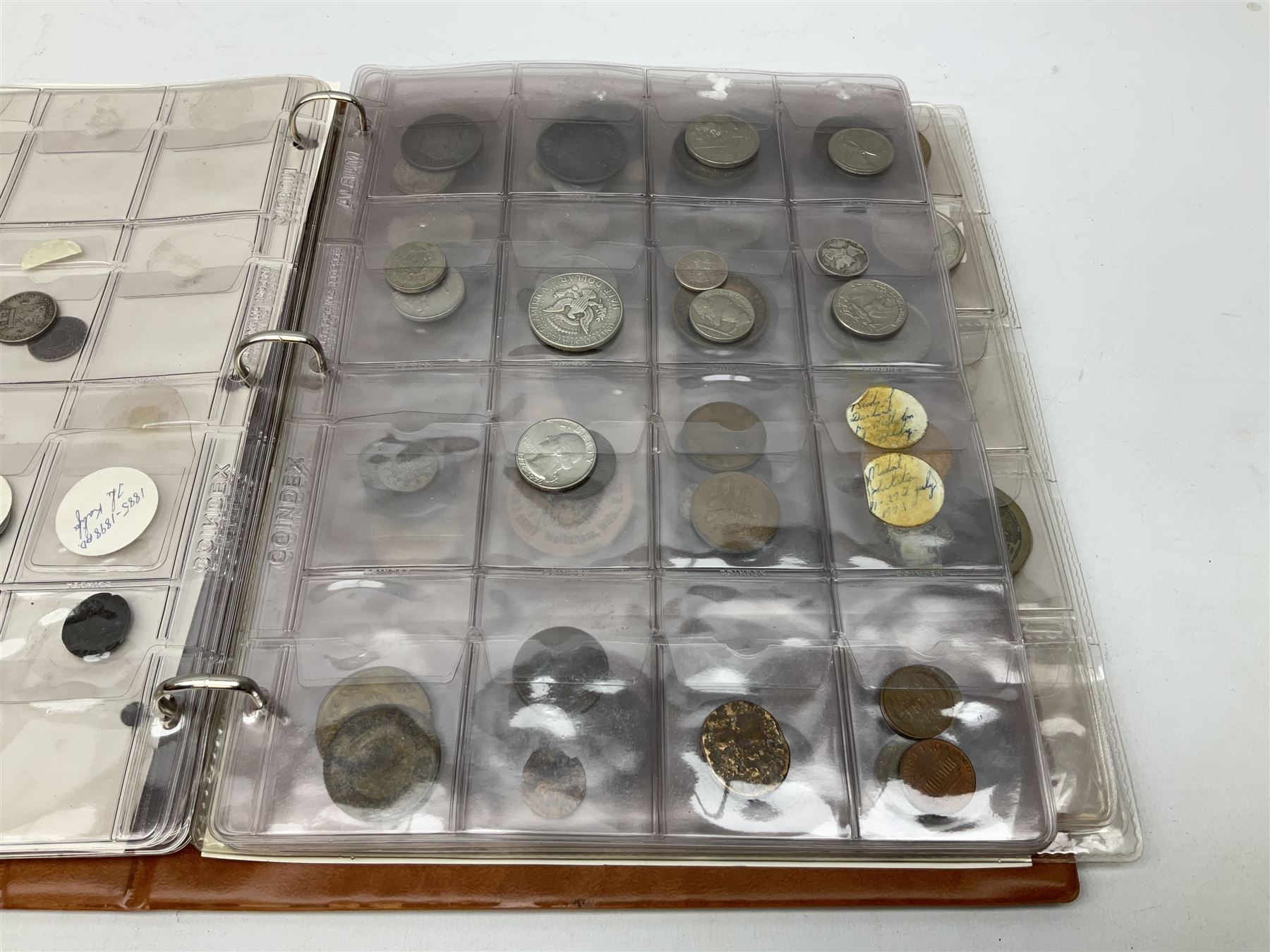World coins and related items, including Maria Theresa restrike thaler, German silver five deutschmark coins, Sudan 20 piastres, Netherlands 1848 1/2 guilder, United States of America 1964 half dollar etc, small number of fantasy/replica coins etc, housed in a ring binder album 