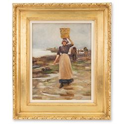 Robert Jobling (Staithes Group 1841-1923): A Staithes Fishergirl, oil on canvas signed 44cm x 34cm
Provenance: purchased from Simon Wood, Brockfield Hall, York