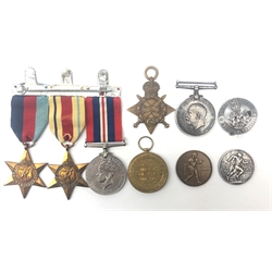  WW1 pair and 1914-15 Star to 18475 Pte.J.H.Neale Y.&L.R. with Athletics medal inscribed Pte Neal Hannover 1950, WW2 War medal, Star & Africa Star with ribbons on medal bar, wound badge stamped B1604, and a Boxing medal inscribed Hannover 1951 Runner Up Pte Staggerd, (9)  