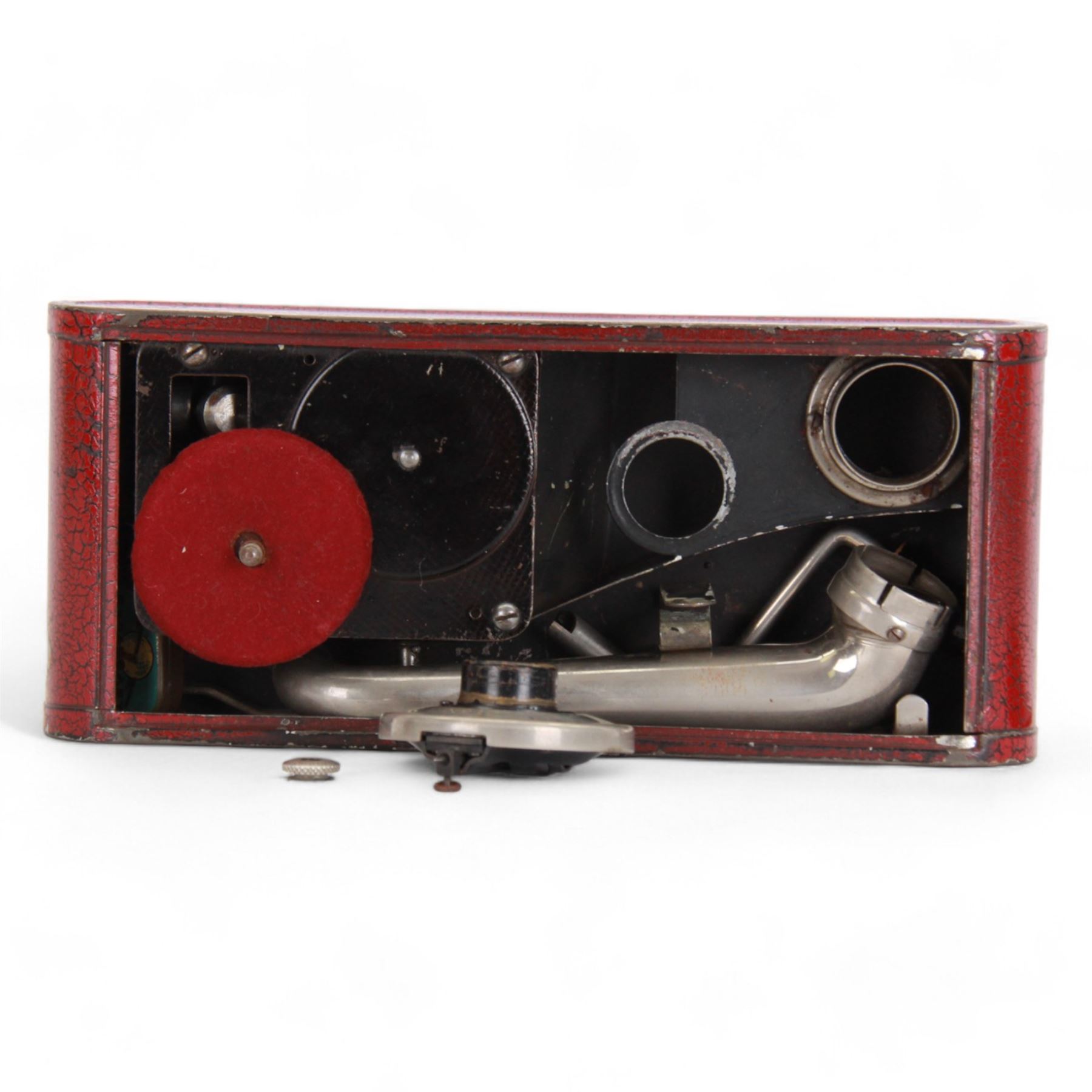 1930s Thorens Excelda portable gramophone, the case marked British Patent No 255001, L28cm