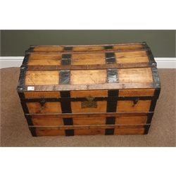  Pine domed top metal bound trunk, hinged lid, W87cm, H55cm, D52cm  