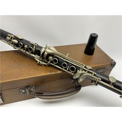 Buffet Crampon Paris African blackwood four-piece clarinet with nickel fittings, impressed 'BCPB 1937', multiple stamps for 'Macdonough & Son Sole Agent London' L67cm; in rexine covered case with two unused reeds. Biographical information: The Macdonagh family have links with the Royal Philharmonic Orchestra and are also reputedly linked with Thomas Macdonagh who was involved in the 1916 Irish uprising.
