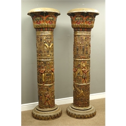  Two large Egyptian style pillars decorated with hieroglyphics and ancient Egyptian motifs, H175cm, D56cm  