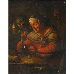 Manner of Gerrit Dou (Dutch 1613-1675): The Miser, oil on panel unsigned 24cm x 19cm
Notes: this picture emphasises chiaroscuro whilst incorporating the symbolic elements of memento mori and vanitas. The miser's obsession with wealth, contrasted with the looming presence in the background, highlights the transience of material possessions and the inevitability of mortality - the use of light further draws our attention to this.