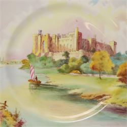 Four Minton hand painted castle plates by J Shaw, depicting 'Harlech Castle - Merionethshire' 'Stirling Castle - Sterlingshire' 'Caernarvon Castle - Caernarvonshire' and 'Arundel Castle - Sussex', with printed marks to base, D27cm (4)