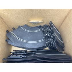 Tri-ang Scalextric - seven cars including pair of Jaguar D Types, pair of Austin Minis, Porsche and BRM racing cars etc; six various controllers and power unit, fencing, banking and bridge pillars, boxed kiosk, quantity of track and paperwork