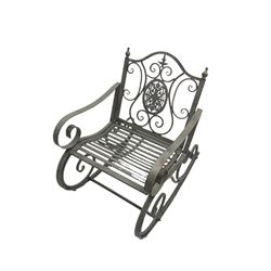 Wrought metal rocking garden armchair, in antique grey finish