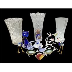 Quantity of glass animal figures to include examples modelled as fish, birds upon a blossoming branch, cranes, birds etc together with glass vases