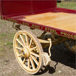 Advertising Trade Dray Wagon for C. Herring & Son, Hartlepool, Dated 1895 and Renovated 1975

An exceptionally decorative late Victorian horse drawn advertising trade dray, built by J. Herring of Hartlepool in 1895 and later renovated by C. Herring in 1975, as recorded by the painted inscription beneath the body. Finished in a striking cream and maroon livery with extensive hand painted signwriting, the wagon carries the name C. Herring & Son, Iron & Steel Processors, Hartlepool along its sides and rear panels. The wagon is fitted with a flat timber loading bed, twin shafts for a single horse, elegant spoked wooden wheels, iron bound tyres, rear headboard and traditional undercarriage with leaf spring suspension. Richly detailed scrollwork and lining throughout make this a particularly attractive example, suitable for collection, display, museum, promotional or coaching purposes.

Features

• Built by J. Herring, Hartlepool, 1895
• Renovated by C. Herring in 1975
• Original style hand painted advertising signwriting
• Flat timber loading platform
• Raised rear headboard with decorative pierced gallery
• Twin shafts for a single horse
• Wooden spoked wheels with iron tyres
• Traditional leaf spring suspension
• Extensive decorative lining and scrollwork throughout
• Attractive cream and maroon colour scheme
• Suitable for private collection, museum or display use

Dimensions:
Overall length: 560 cm
Body length: 300 cm
Width: 158 cm
Height: 150 cm

Wheel Diameters:
Front wheels: 76 cm
Rear wheels: 86 cm
